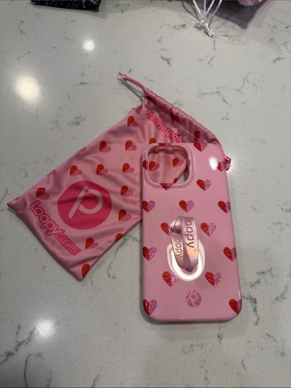 Loopy Case Pink Phone Case with Red Glitter Hearts LoopyGrip iPhone 14 Pro Max
